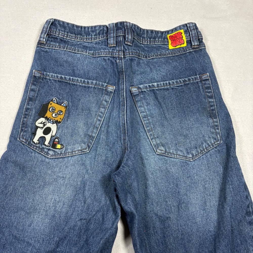 Empyre Loose Fit Skate Jeans Blue Embroidered Bear Dog Graphic Baggy Size 28